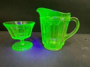Lot Of Uranium Glass With Parfait Glass And Small Pitcher