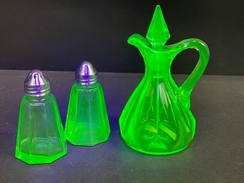 Lot Of Uranium Glass Salt And Pepper Shakers And Oil Jar