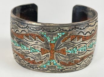 Navajo Signed Cuff Bracelet With Crushed Turquoise