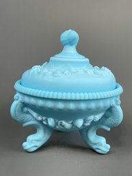 Westmoreland Blue Satin Glass Dolphin Seashell Covered Candy Dish