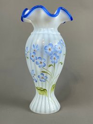 Fenton French Opalescent Rib Optic ' Forget Me Not' Handpainted And Signed Vase