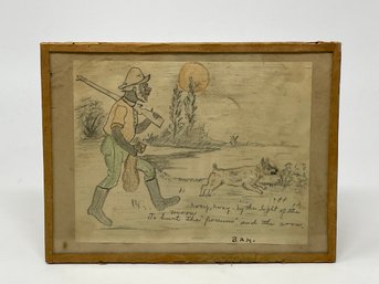 Antique Folk Art Drawing Sketch Americana Possum Hunt Hunter Dog Early 20th