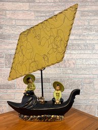 Mid Century Chinese Sampan Boat Chalkware Lamp