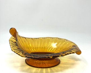 Vintage Amber Glass Pedestal Leaf Bowl