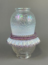 Fenton Opalescent Pearl Fairy Lamp With Pink Crest.