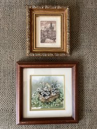 Small Artwork Lot: European Scene Etching & Bonnie Sabine - Floral Basket Painting