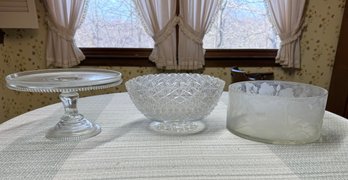 3 Piece Lot Of Vintage Glass Cake Plate Cut Glass And Etched