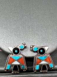 Vintage Sterling Multi Stone Zuni Inlay Screwback Earrings 7.52g