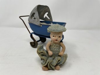 Vintage Miniature Porcelain Doll W/ Pressed Steel Stroller