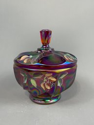 Fenton Carnival Glass Covered Candy Dish - Hand Painted And Signed
