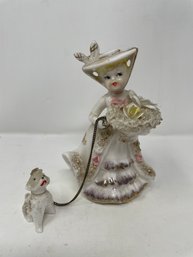 Vintage Porcelain Figurine Of A Woman With Dog Retro Kitch
