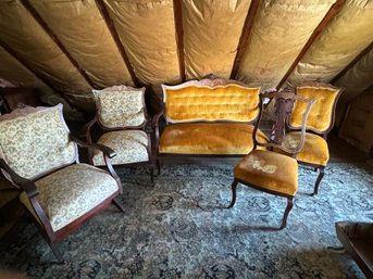 Beautiful 5 Pcs Victorian Parlor Set Banded Mahogany With Mother Of Pearl Inlay Great Condition