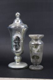 2 Pieces Of 19th Century Mercury Glass Vase And Covered Urn