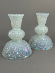 Fenton Iridescent Daisy And Button Candlestick Holders