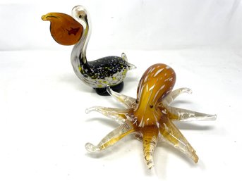 Murano Style Art Glass Octopus & Pelican