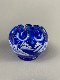 Fenton Art Glass Cobalt Vase With Snow Scene Hand Painted And Signed