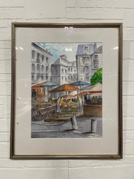 Signed European Market Scene Watercolor - 10' X 23'