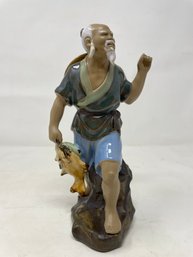 Vintage Chinese Mudman Figurine  Walking Fisherman