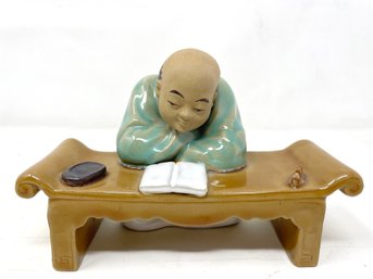 Vintage Chinese Mudman Figurine Reading At Table