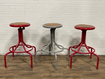 Group Of Three Vintage Metal Stools With Adjustable Height Seat