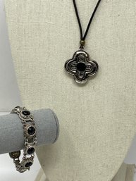 Black Stone Necklace With Leather Chord And Bracelet