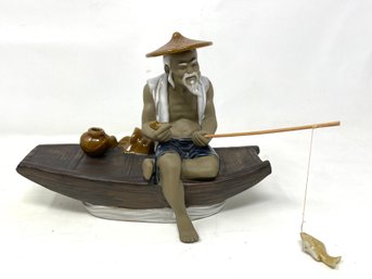 Vintage Chinese Mudman Figurine Fisherman W/ Boat
