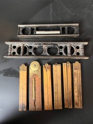 Vintage Tool Lot Including Slide Rules And Cast Iron Levels
