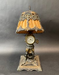 Antique Table Clock Lamp With Metal And Fabric Shade