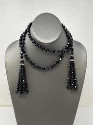 Flapper Style Black Jet Glass Beaded Necklace