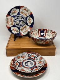 Japanese Imari Hand Painted Porcelain Ceramic Bowl & Plates