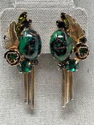 Elaborate Green Stone Gold Tone Clip On Earrings