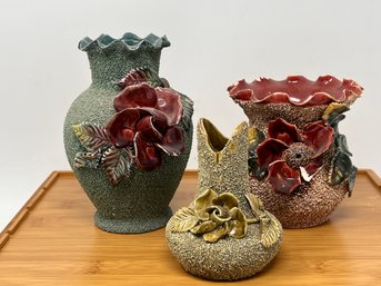 Victorian Sand Majolica Barbitone-Styled Applied Rose Vases - Set Of 3