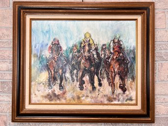 Mid Century Modern Painting Horse Race Painting On Canvas Signed