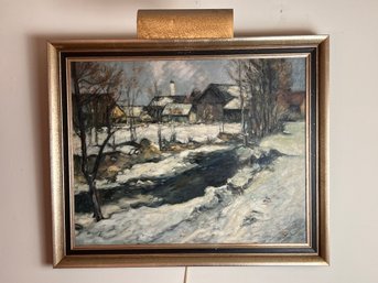 Unsigned Painting - River In Winter - Oil On Board - Framed