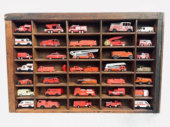 Wooden Shelf Full Of Toy Fire Trucks Vintage