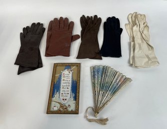 Lady's Vintage Glove Lot With Fan