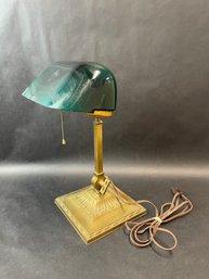 Antique Banker's Lamp W/ Original Green Shade, Signed Emeralite - As Is