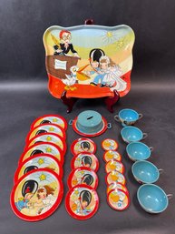 Vintage Ohio Art Tin Tea Set Child Bride & Groom & Pelican