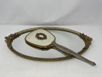 Vintage Vanity Mirrored Tray With Hand Mirror