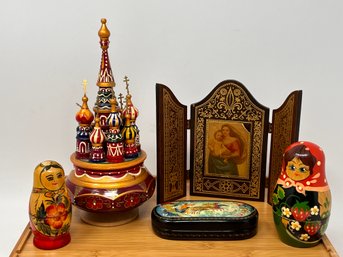 Russian Lot Featuring: Music Box Saint Basil's Hand Painted Church, Icon And Russian Nesting Dolls