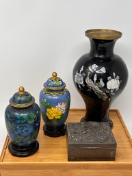 Asian Lot Featuring: Blue And Gold Chinese Cloisonne Jar With Lid, Abalone Vase And Metal Box