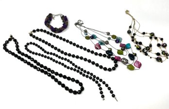 Costume Jewelry Lot Including Antique Jet Black Beaded Necklace