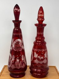 2 Ruby Red Engraved Czech Decanters Bohemian Glass