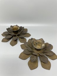 Pair Of Vintage Brass Lotus Candle Holders