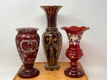 Ruby Red Engraved Czech & Bohemian Glass Vase Lot