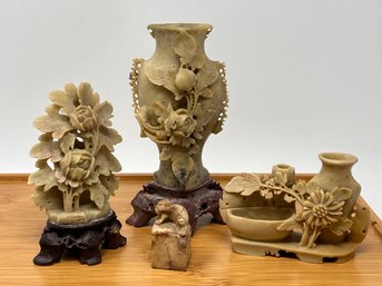 Asian Carved Soapstone Lot Featuring Chinese Soapstone Vase