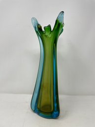 Mid Century Modern Swung Stretch Glass Vase Blue Green