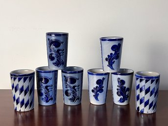 Collection Of German Salt Glazed Pottery Cups With Cobalt Design