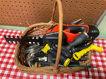 Garage Lot Of Misc. Garden Tools, Electric Saw, Hose Nozzles Etc