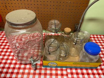 Lot Of Various Size Ball Jars And Mason Drink Dispenser